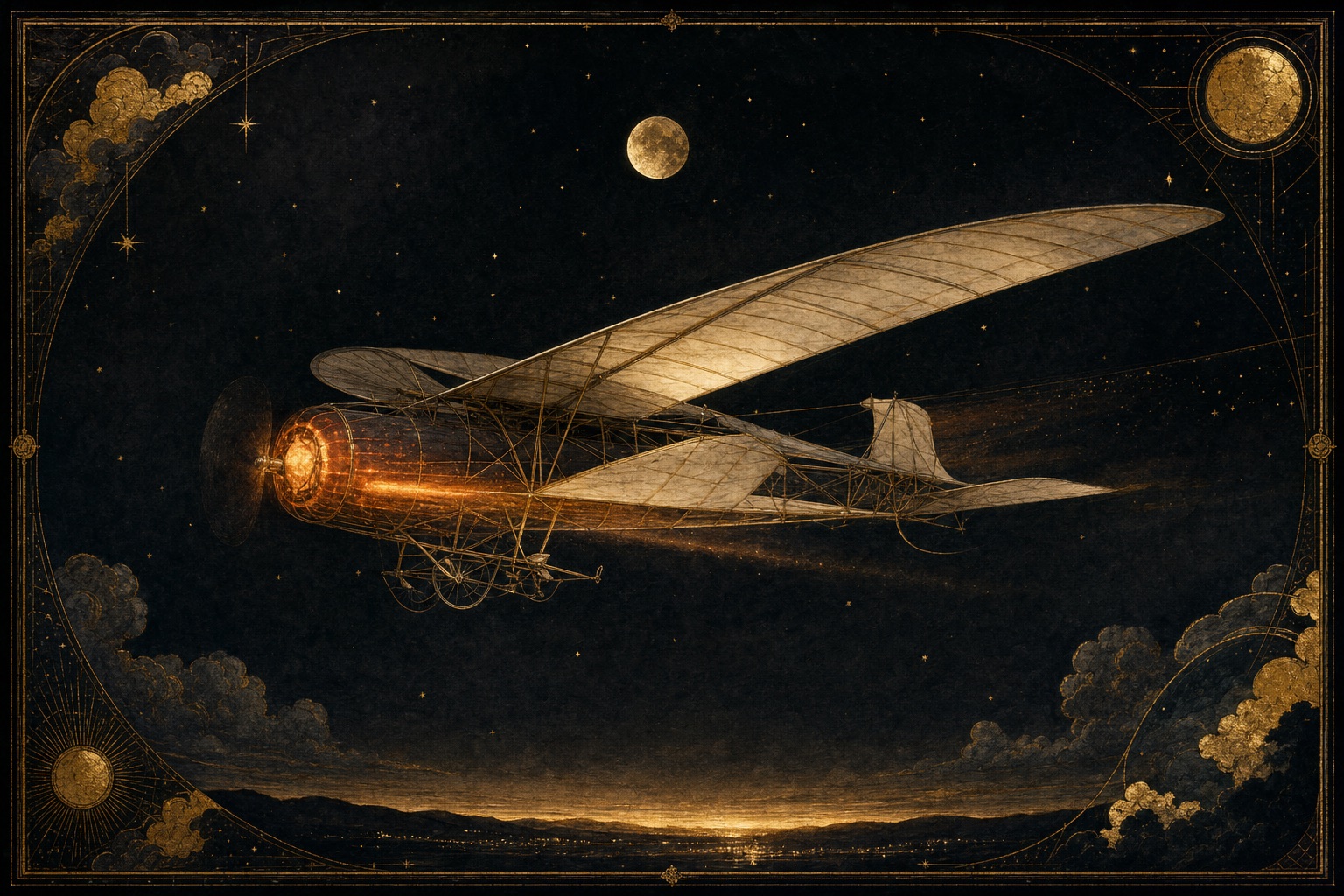 Painted plate: a night-flying machine with a glowing ember engine under a crescent moon
