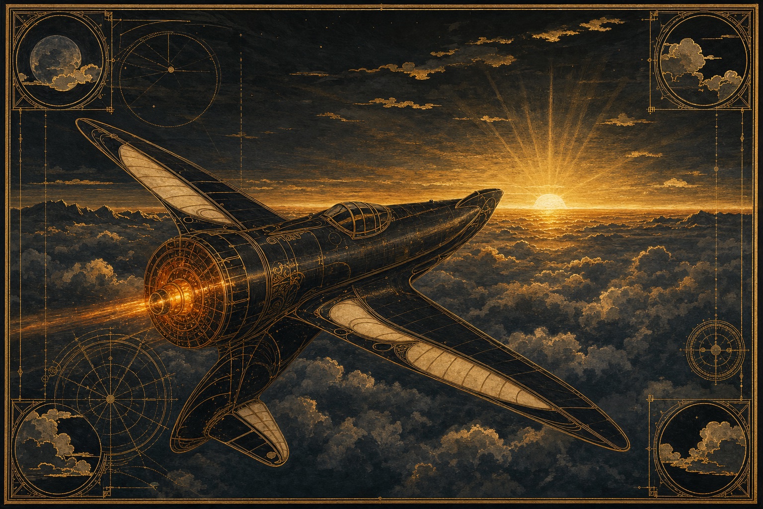 Painted plate: the flying machine climbing above clouds at first light