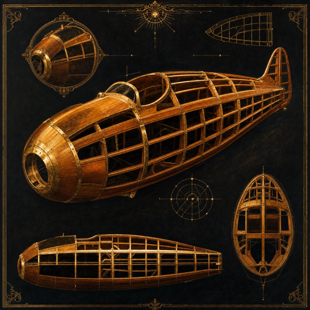 Painted plate: a wooden aircraft hull with visible ribs, like a cello body