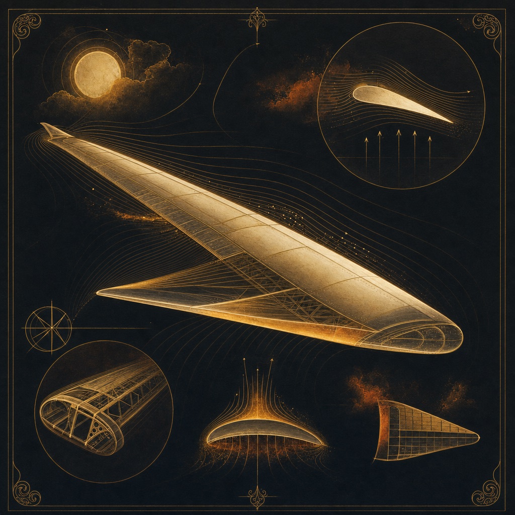Painted plate: study of a wing with gold streamlines of air over it